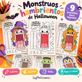 Portada de Monstruos hambrientos de Halloween, pack de 9 plantillas imprimibles para colorear, recortar, doblar y jugar